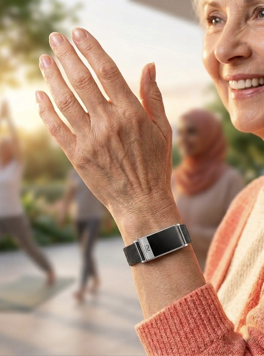 Smiling woman wearing the Harmony Band outdoors