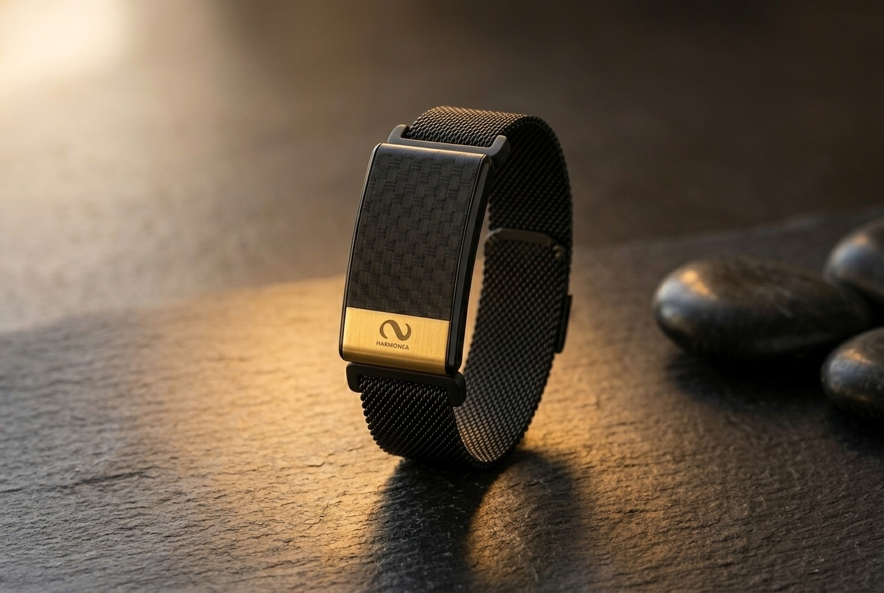 Harmony Band, screenless wearable with mesh strap on dark stone