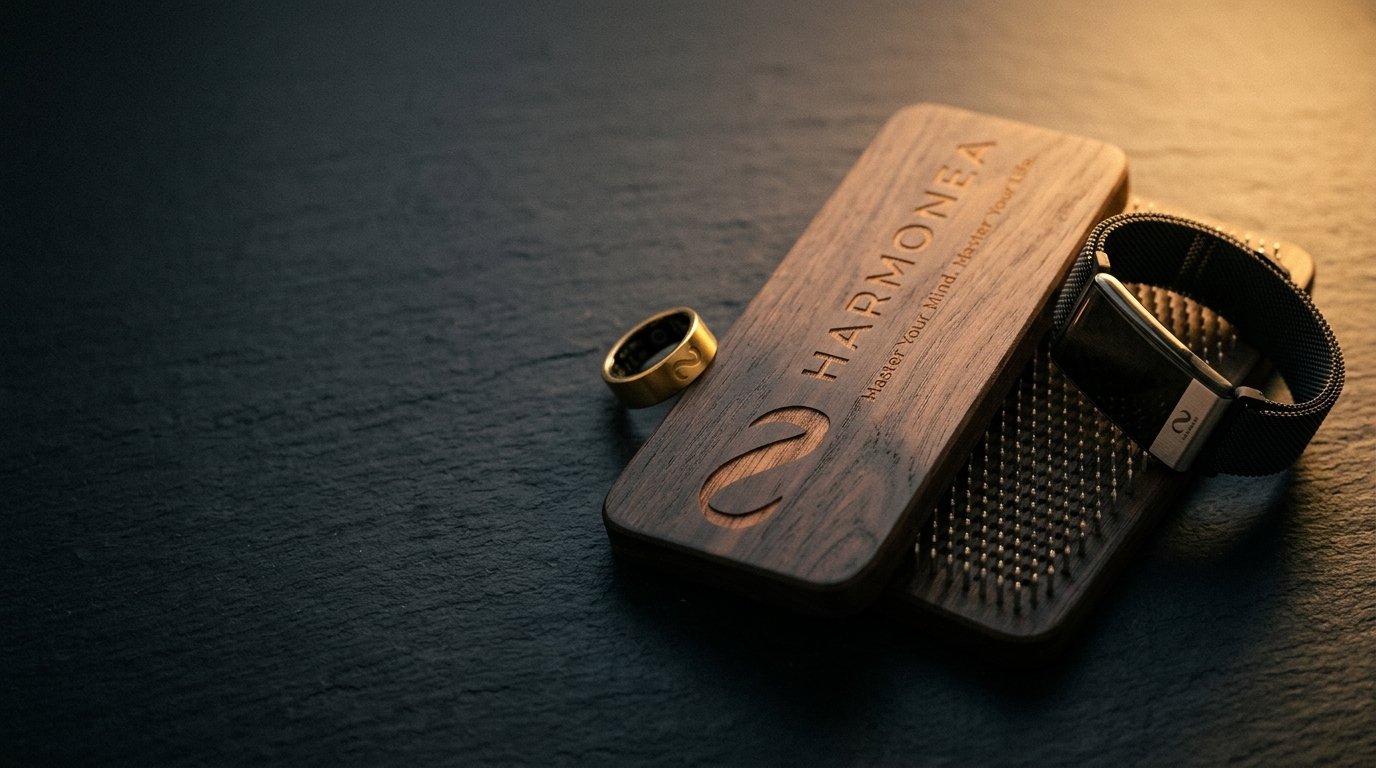 Harmonea full stack, Board, Band, and Ring on dark slate
