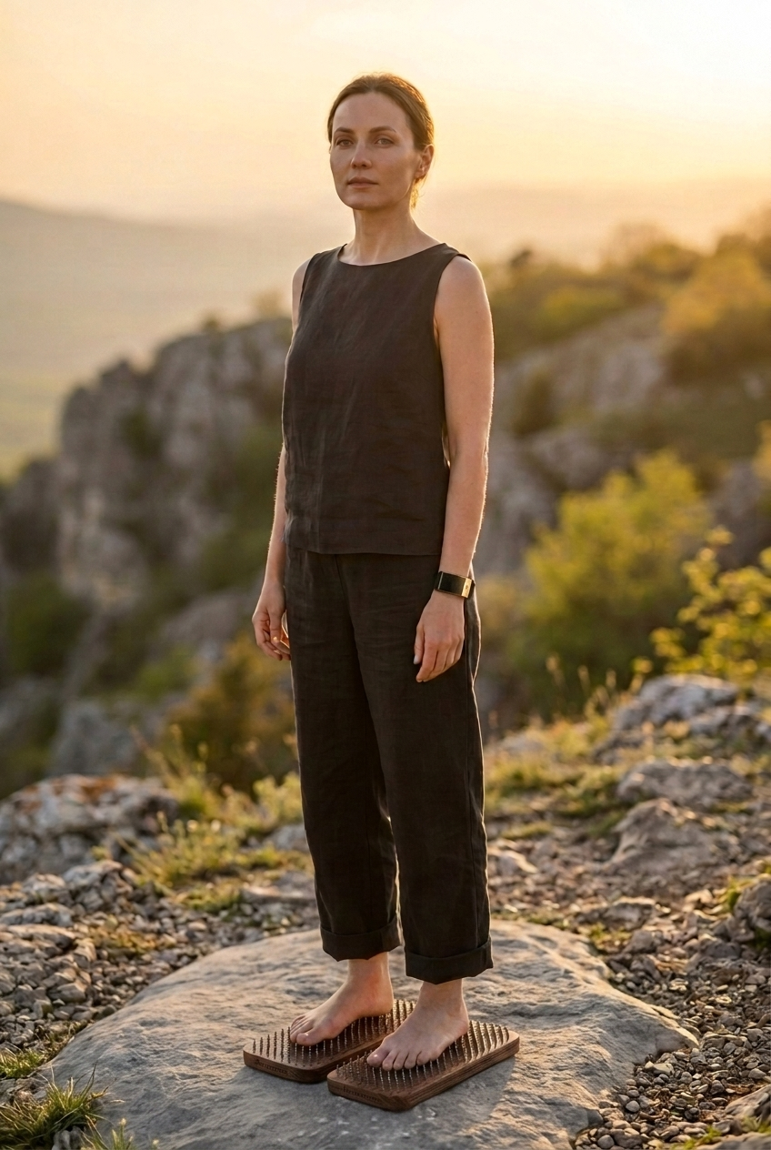 The 21-day protocol in practice, standing on the Harmony Board at sunrise, wearing the Band