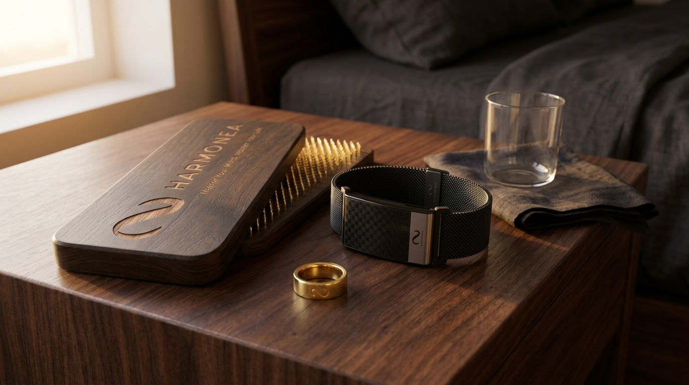 Harmony Board, Band, and Ring resting on a walnut nightstand