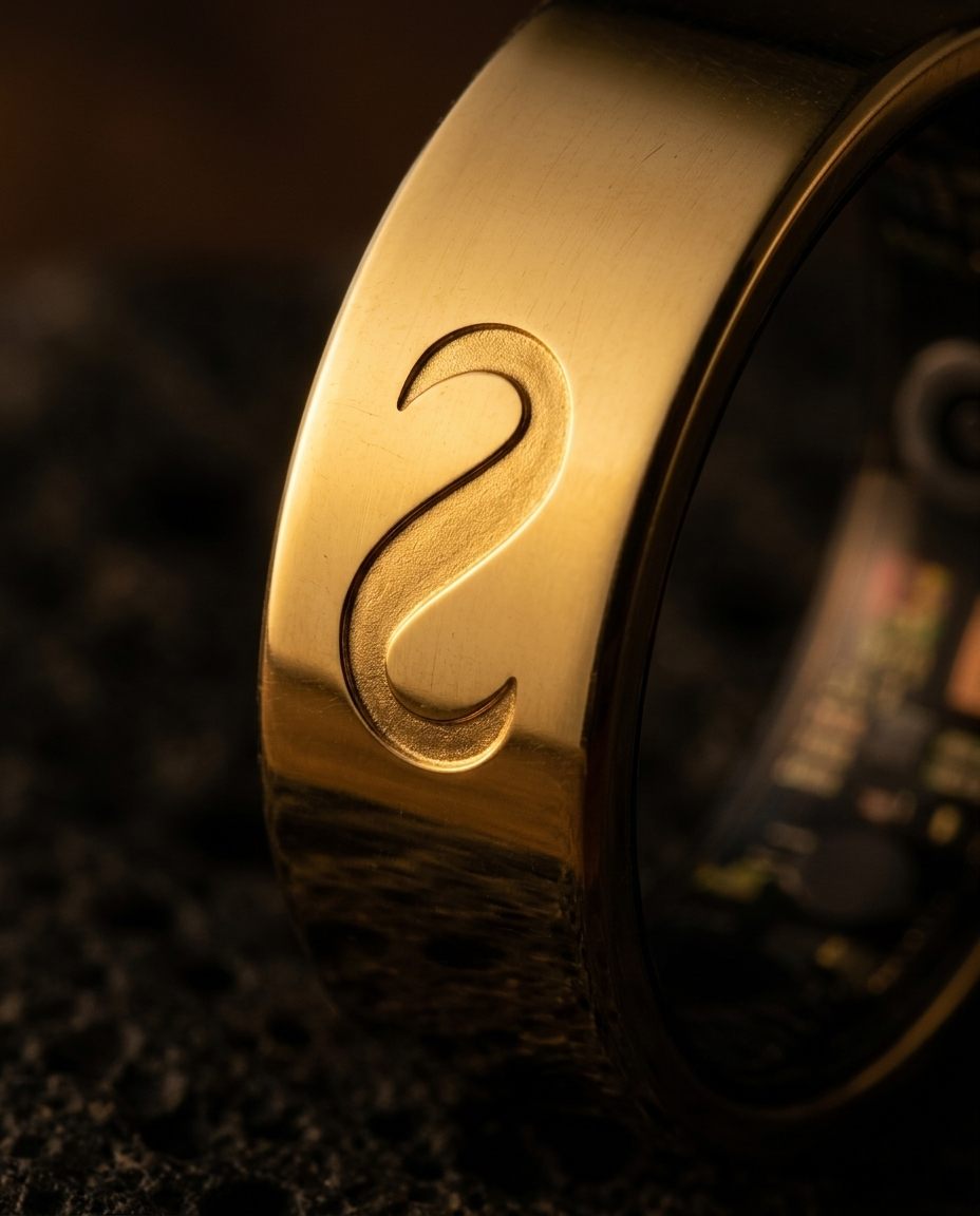Harmony Ring, brushed gold, logo engraving macro